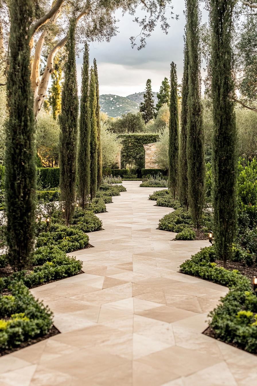 Curved pathway lined with tall cypress trees and vibrant greenery