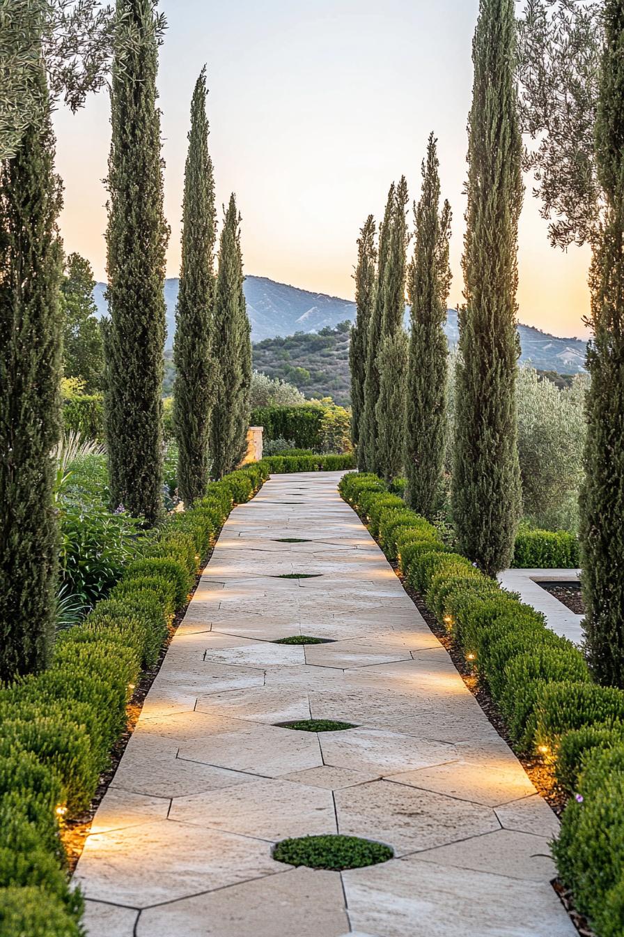 Elegant stone pathway flanked by tall trees against a mountainous backdrop