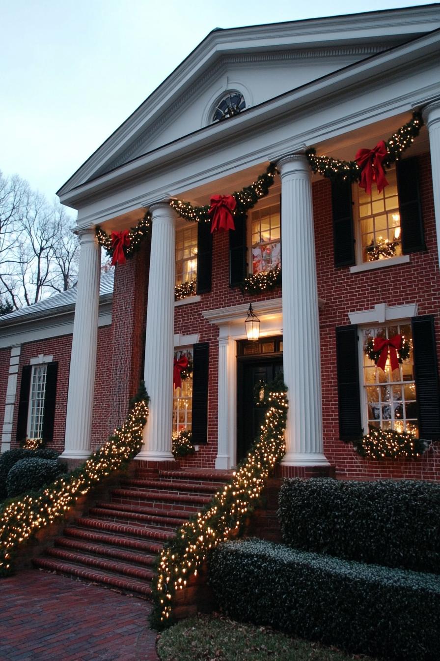 Brick house adorned with holiday lights and garlands