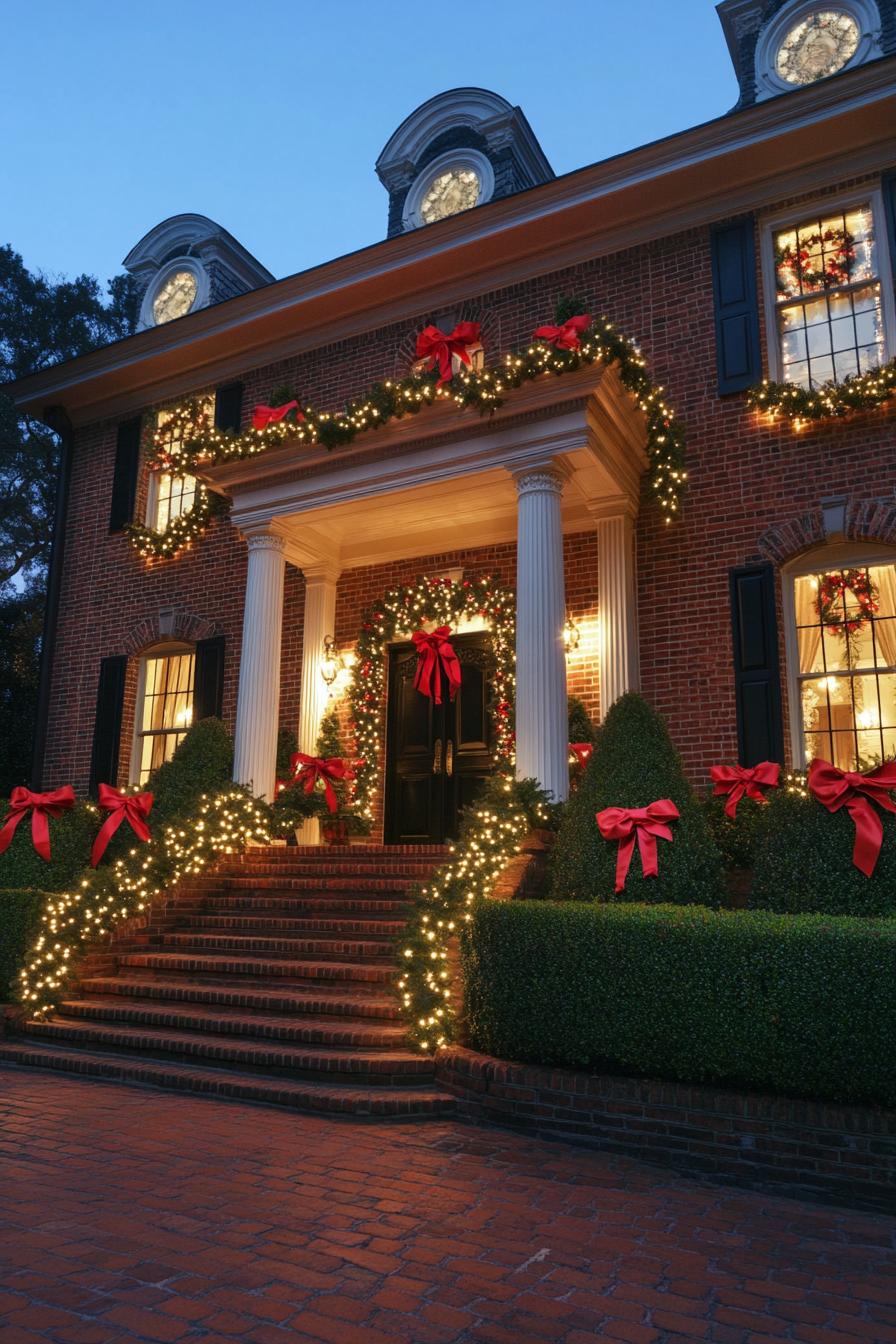 Brick house adorned with Christmas lights and wreaths