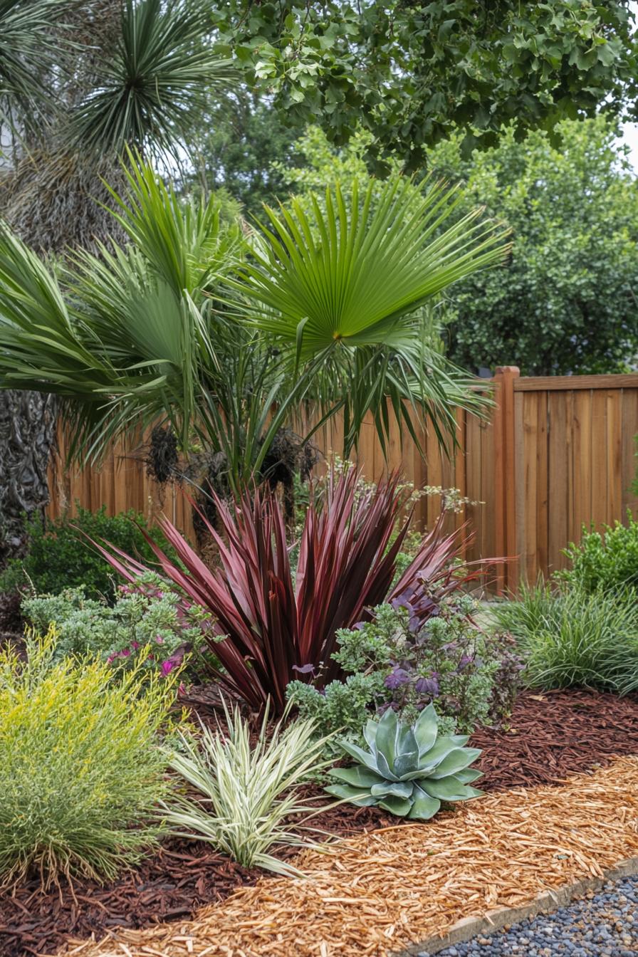 Lush garden with vibrant tropical plants and a wooden fence backdrop