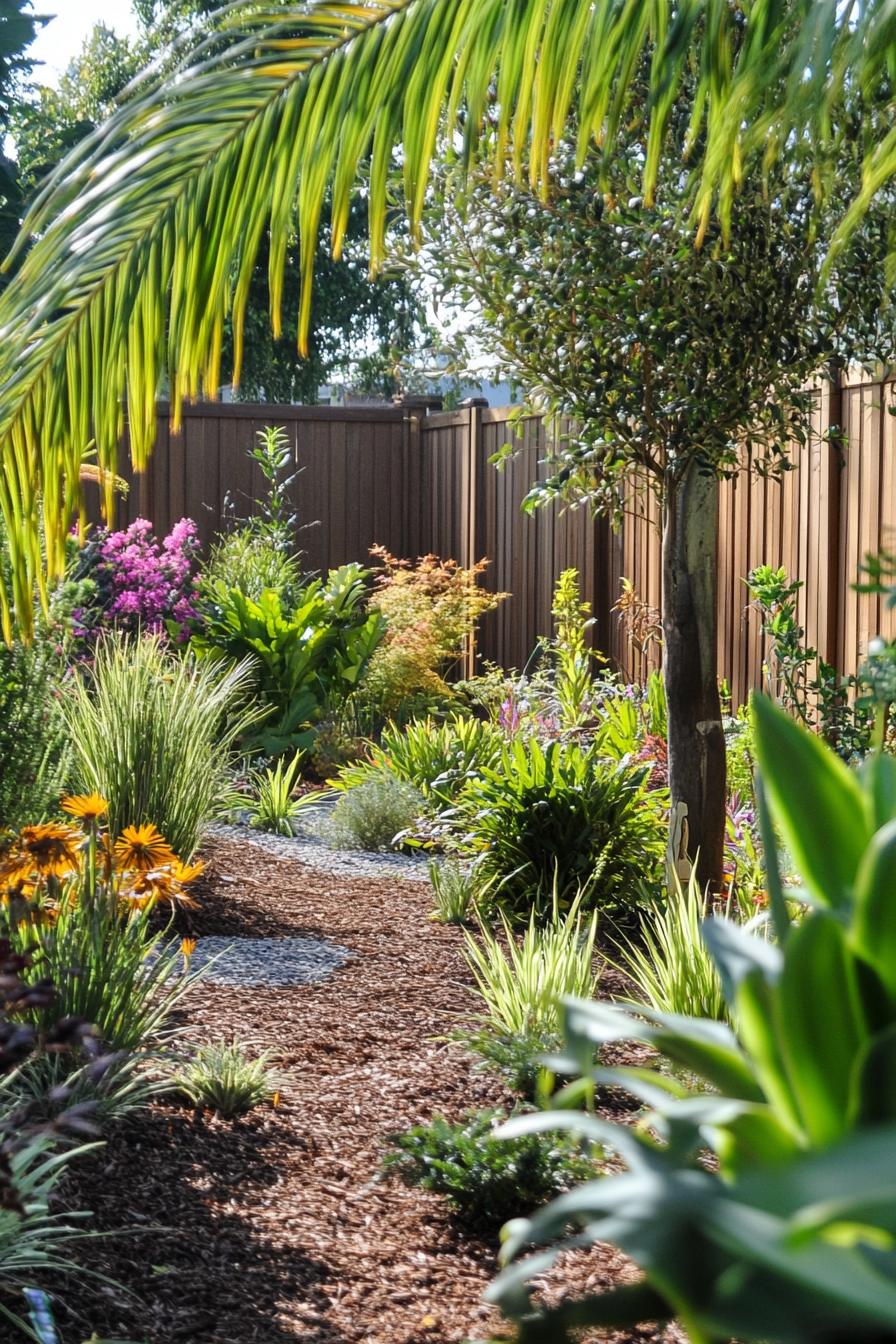 Lush garden path with tropical plants beside a wooden fence