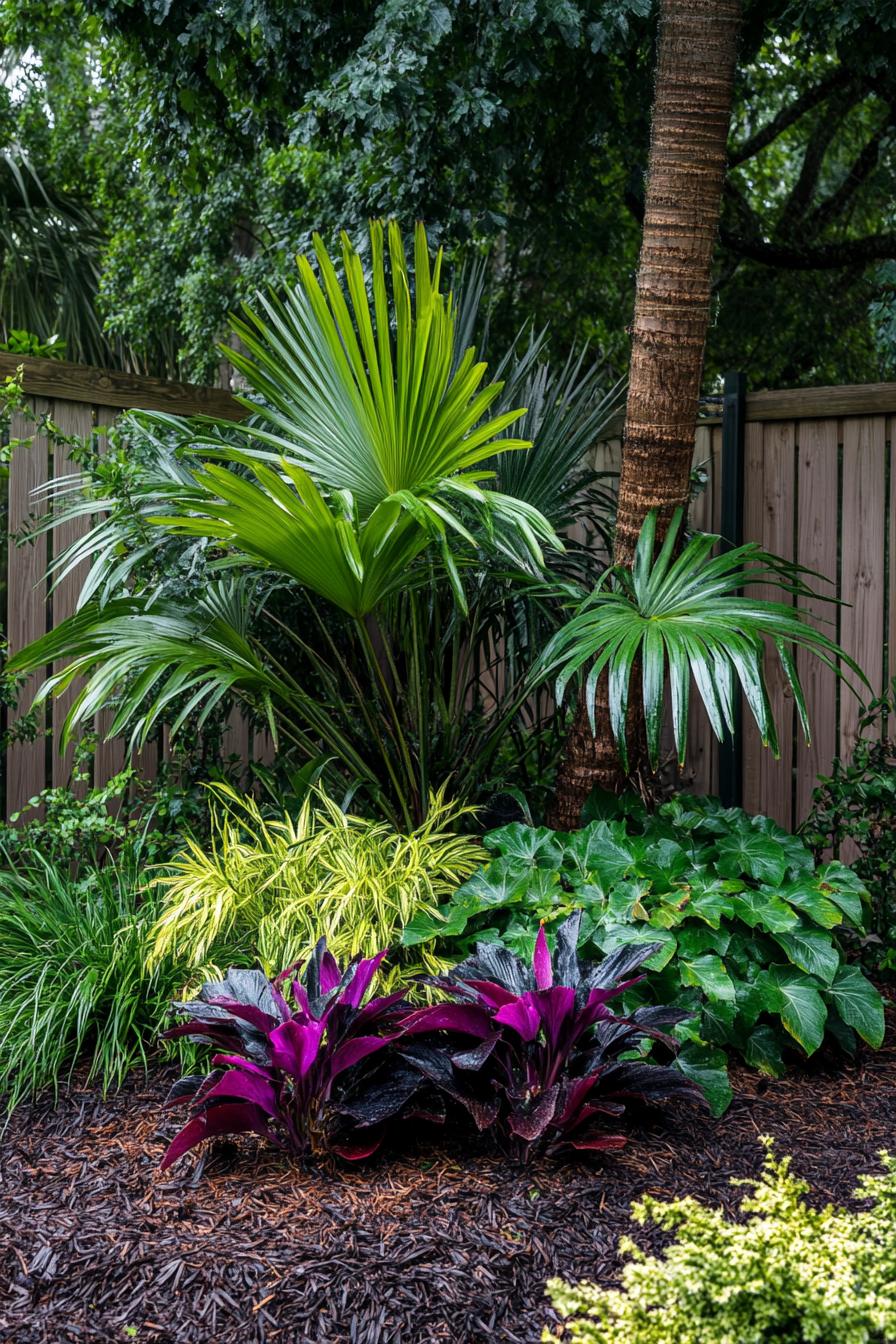 Tropical plants with vibrant foliage in a garden corner