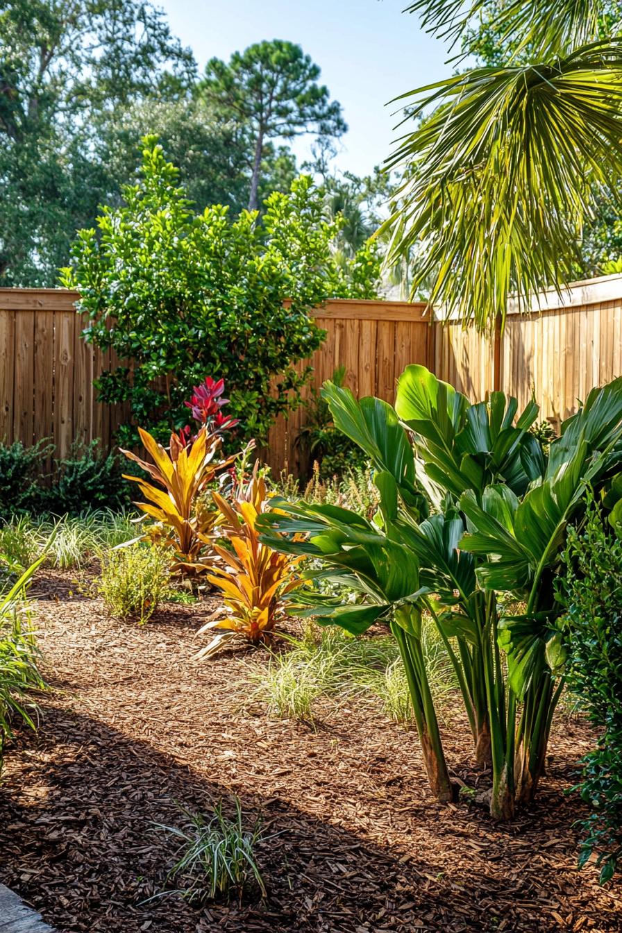 Tropical plants with colorful leaves beside a wooden fence