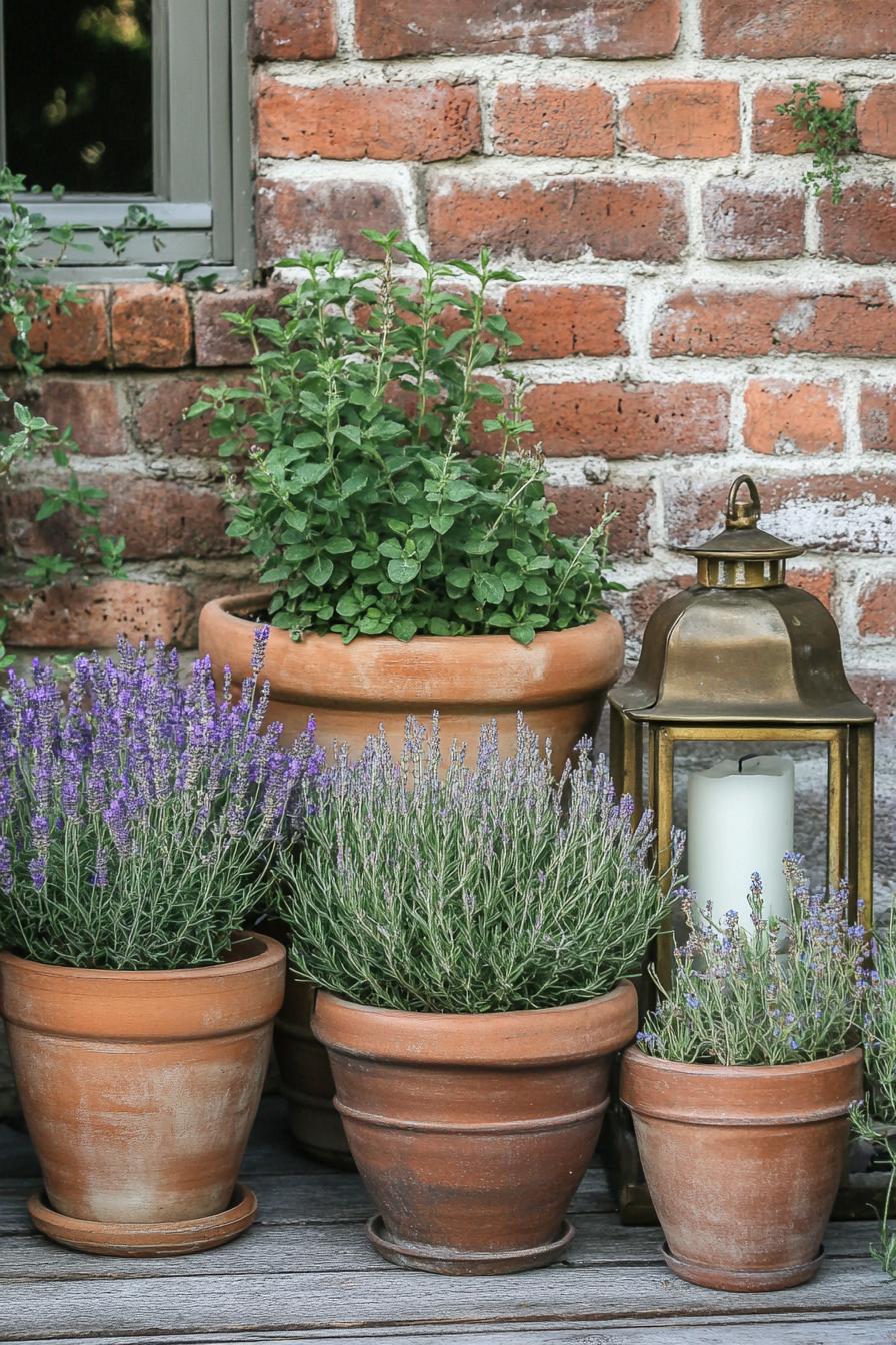 Potted plants with a rustic lantern outside a brick wall