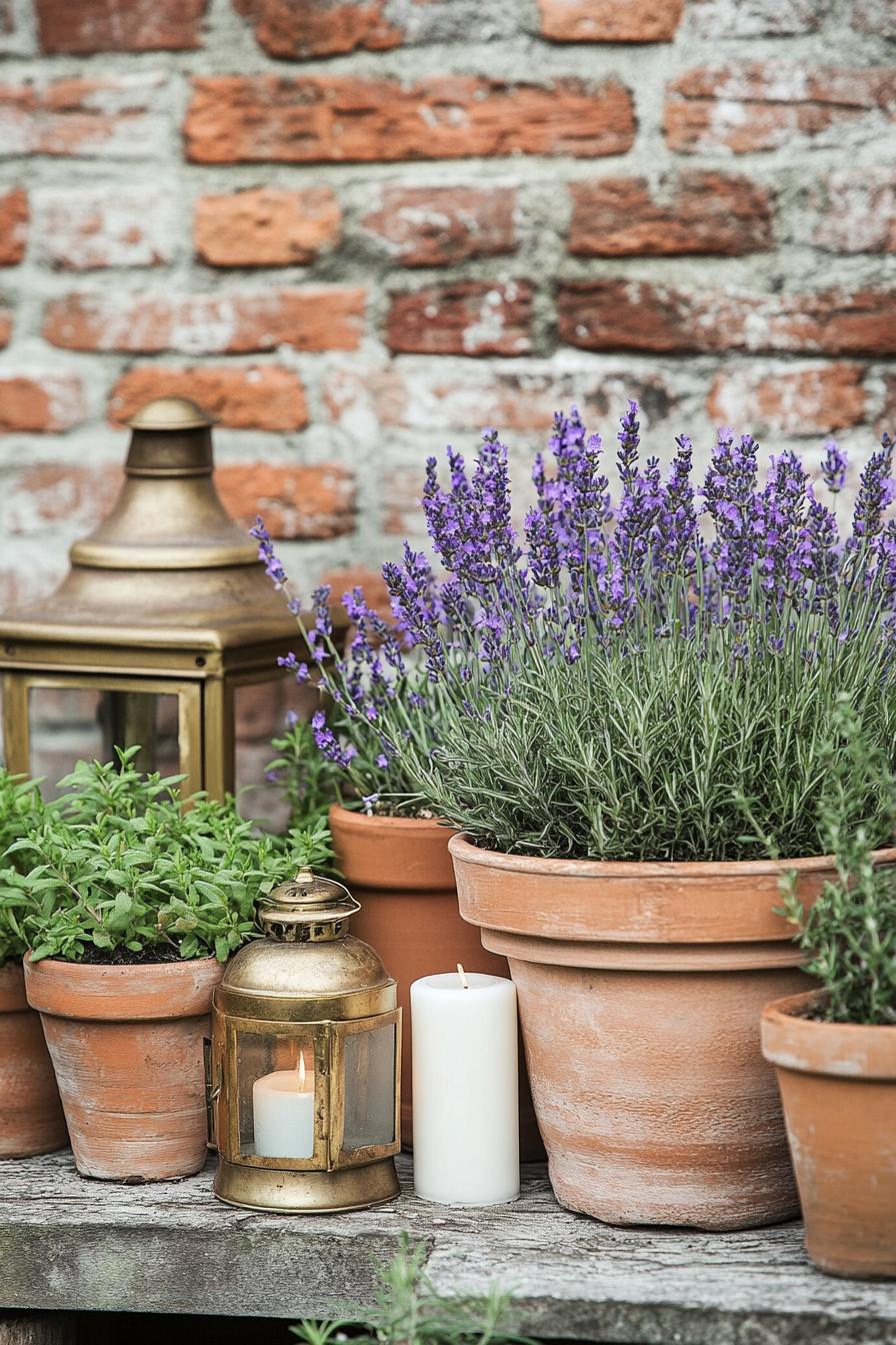 Terracotta pots with lavender in tranquil setting