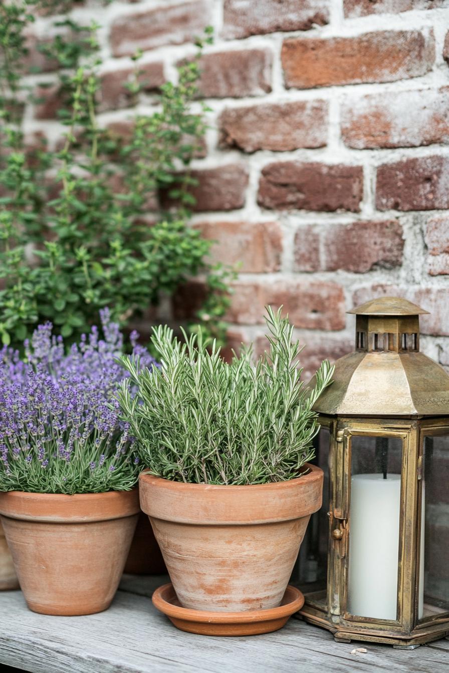 Terracotta pots and a lantern against a brick wall