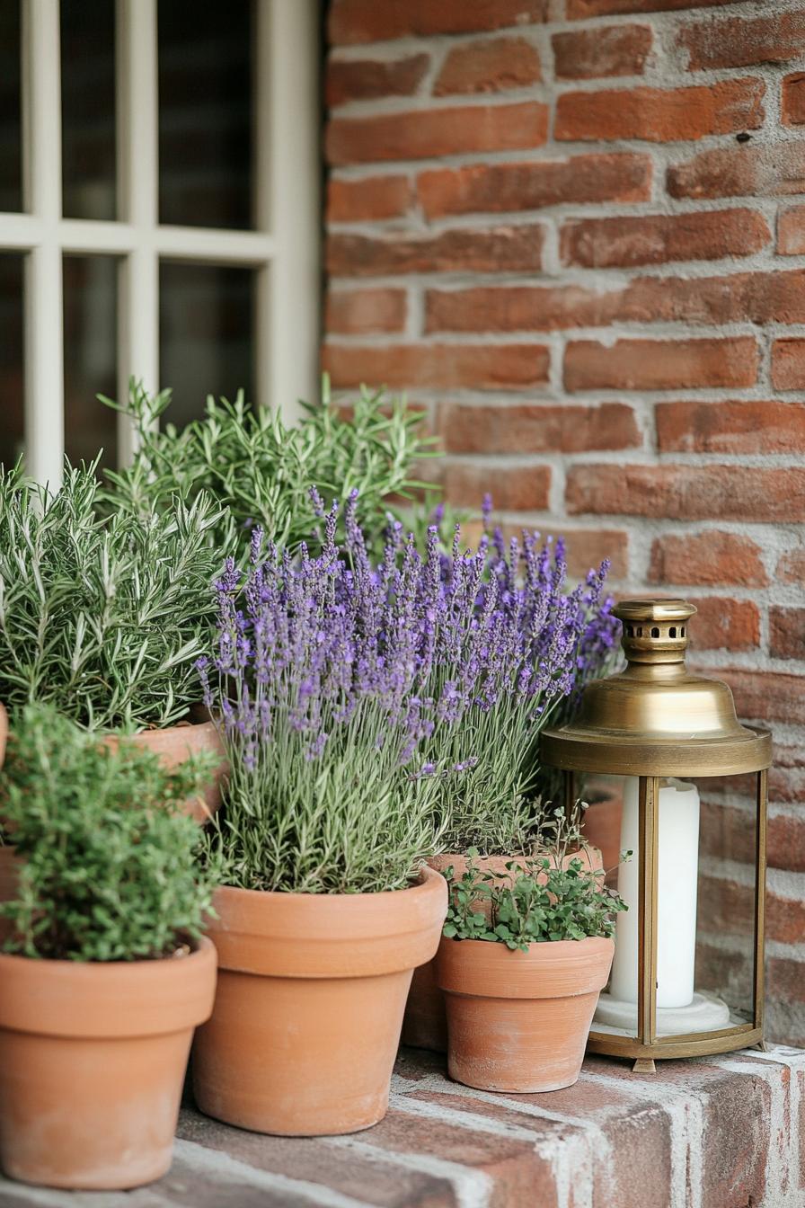 Terracotta pots with herbs on a brick ledge