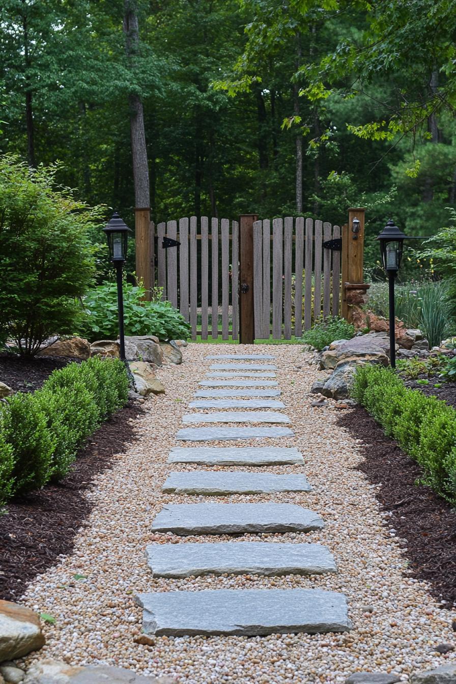 Stone path leading to a wooden gate surrounded by lush greenery