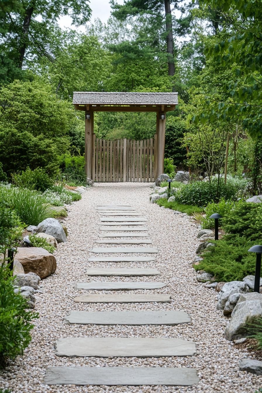 Stepping stone walkway in a lush garden with a wooden gate