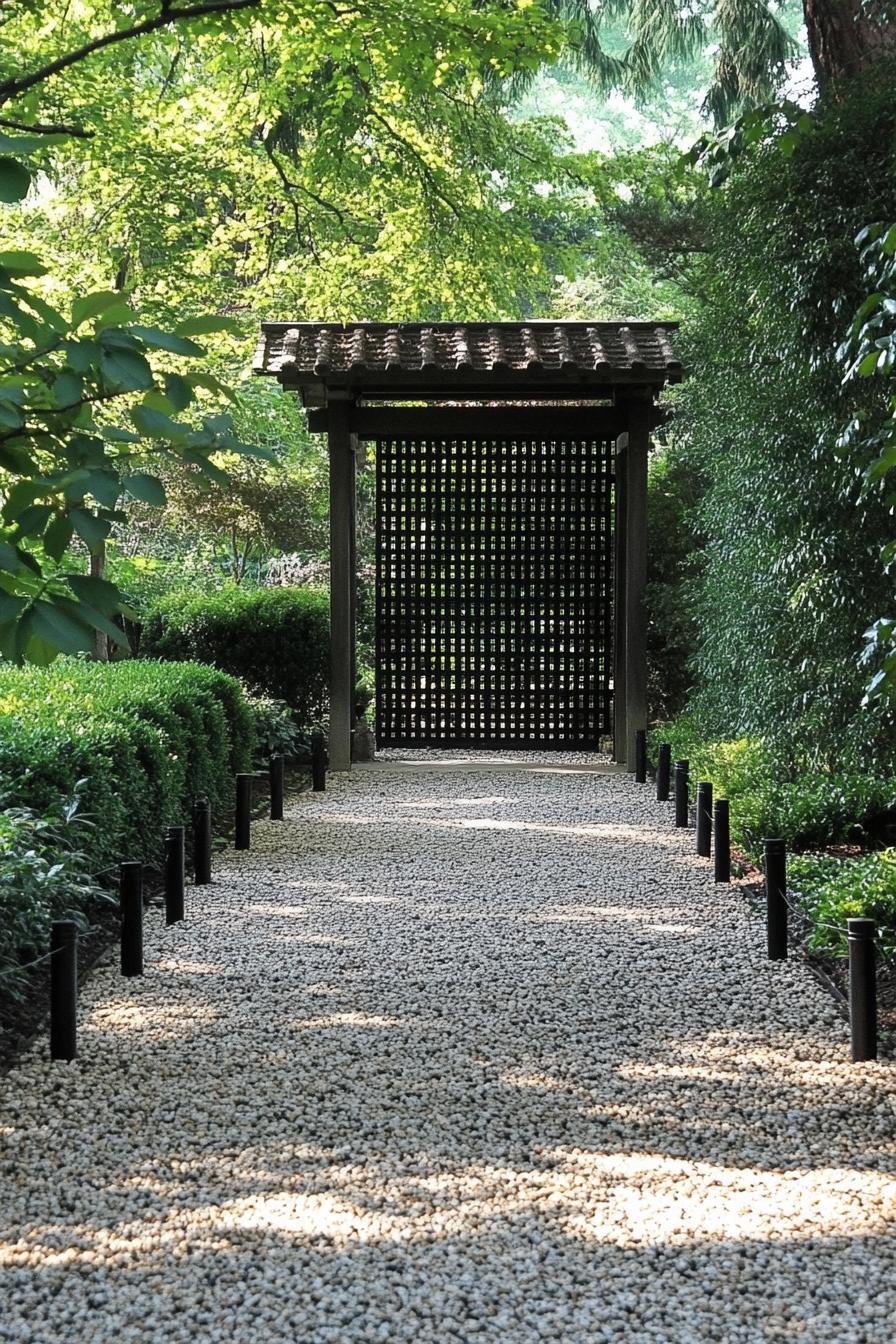 A gravel walkway leading to a wooden arbor surrounded by lush greenery