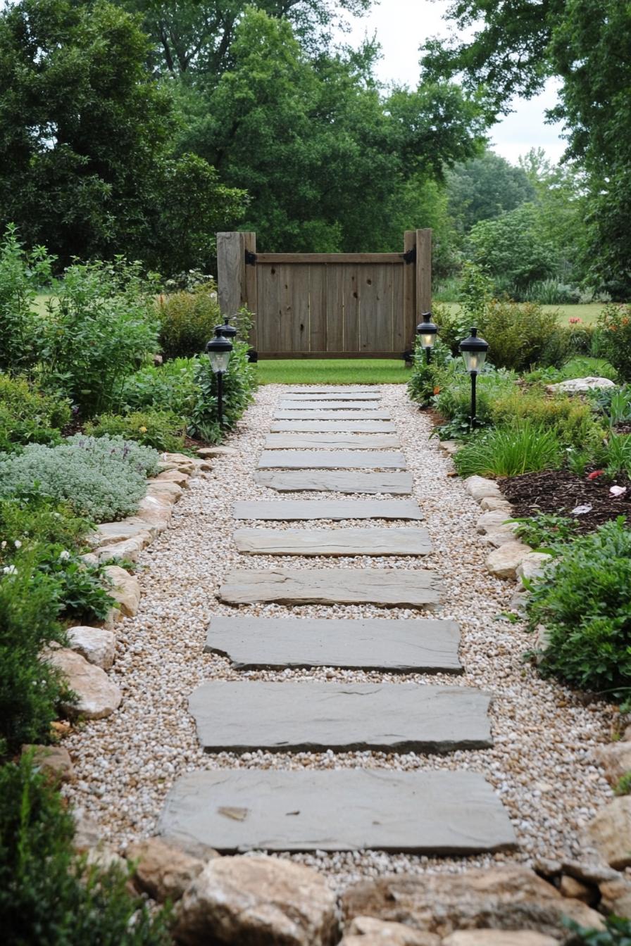 Stone path surrounded by greenery leading to a rustic wooden gate