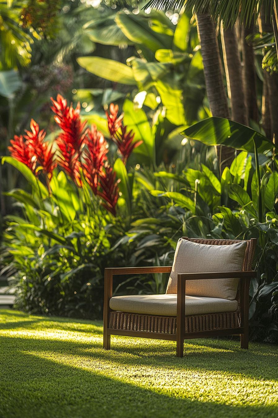 Relaxing chair amidst lush greenery in a tropical garden