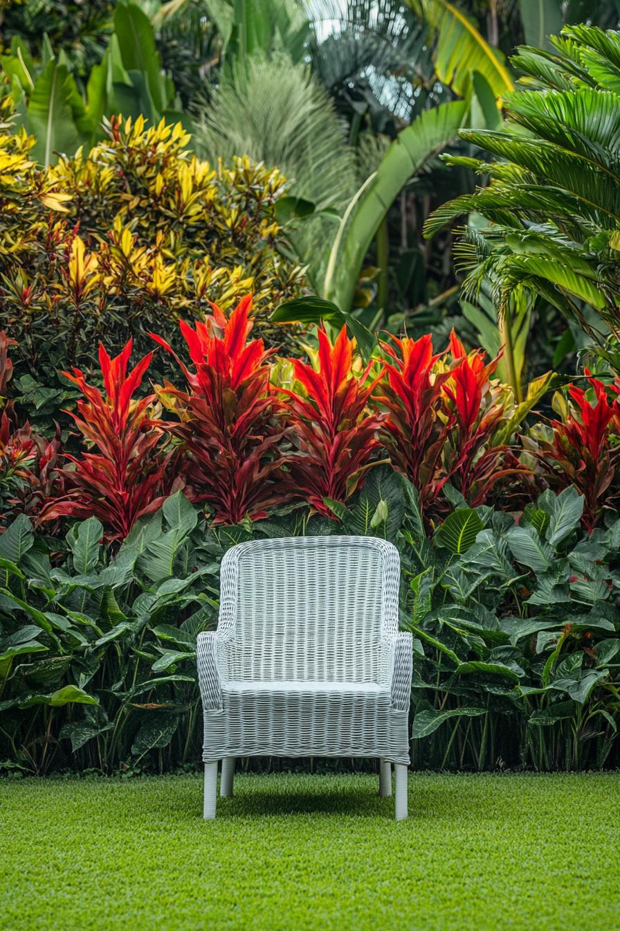 White wicker chair amidst lush tropical plants