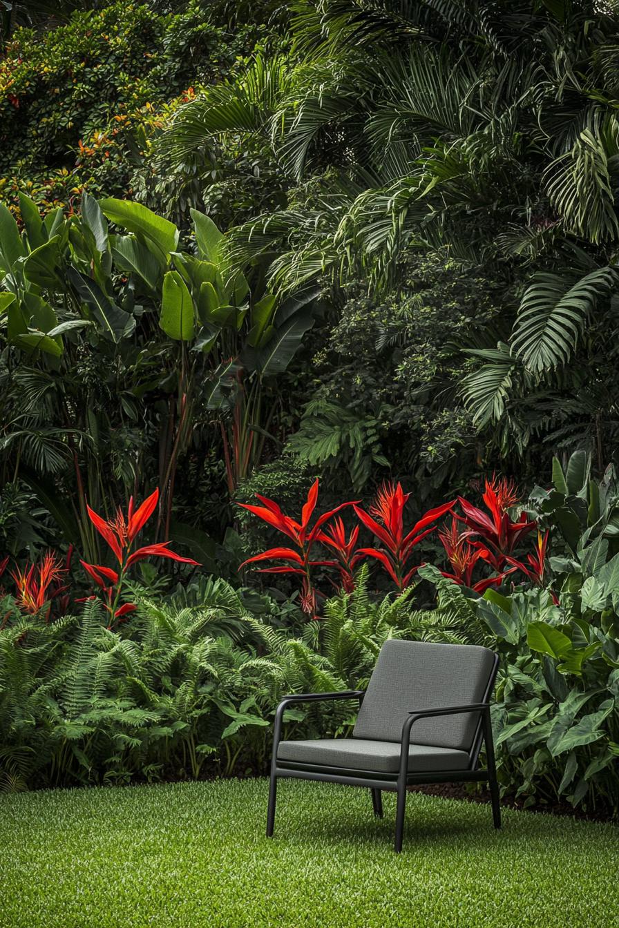 Chair in a lush tropical garden with red flowers