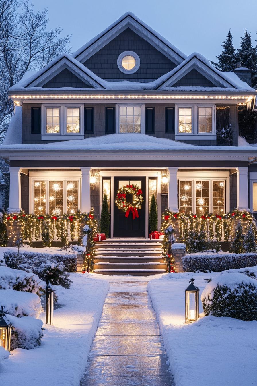 Snow-covered home with bright Christmas lights and wreaths