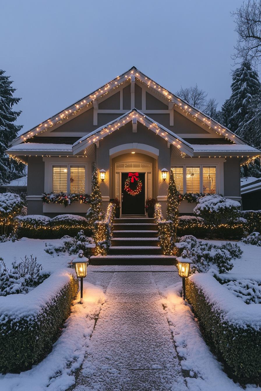 Snow-covered house with bright holiday lights