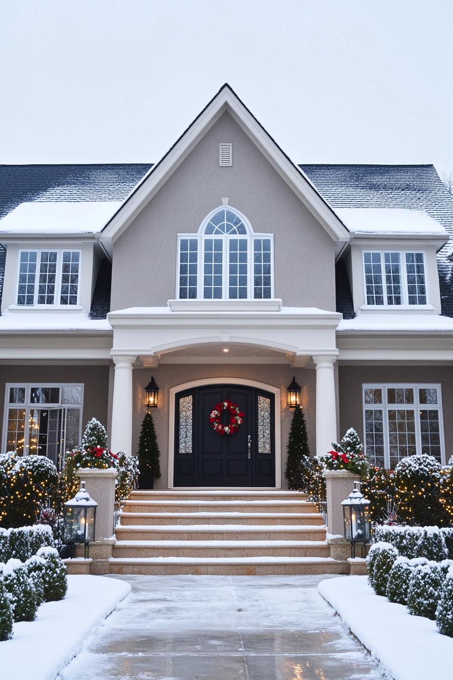 Elegant home entrance decorated for Christmas with lights and wreath