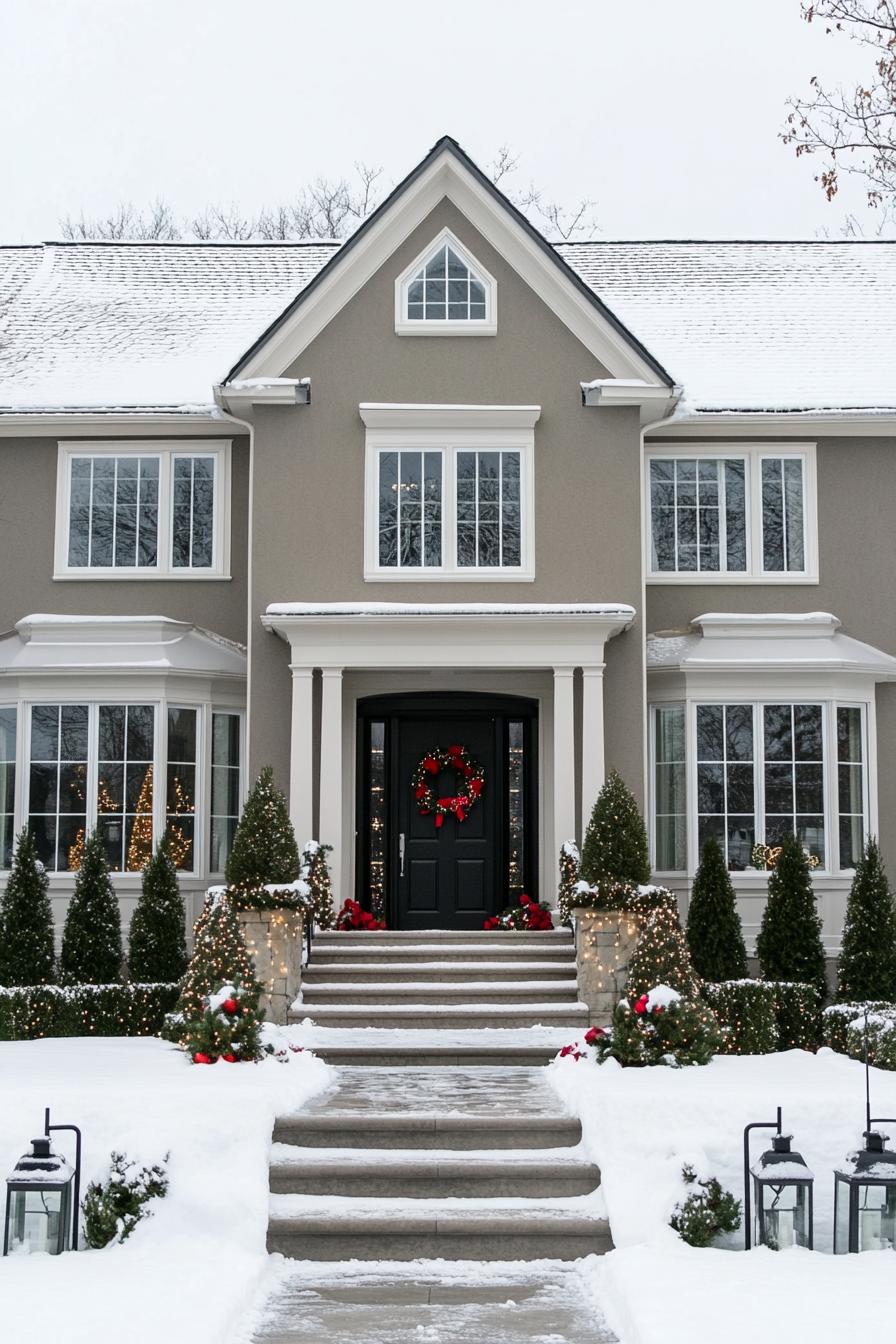 Classic home with festive wreath and lights