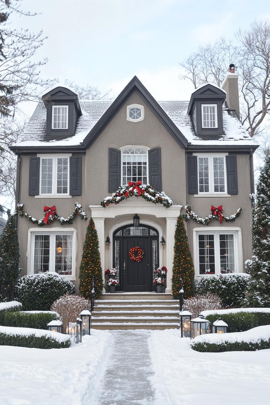 House adorned with festive garlands and snow-covered hedges