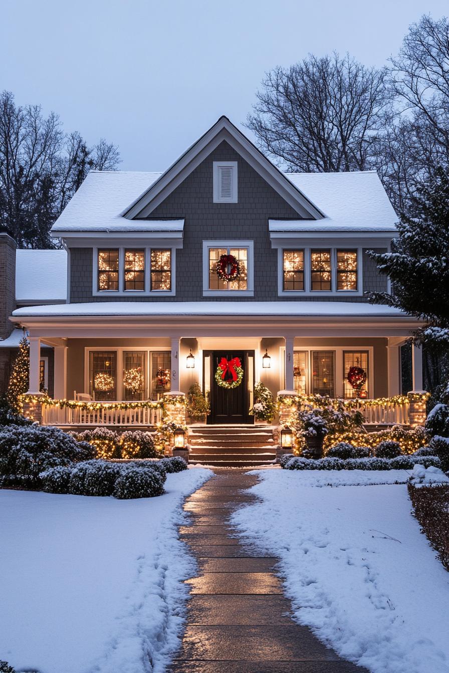 Snow-covered house adorned with twinkling lights and festive wreaths