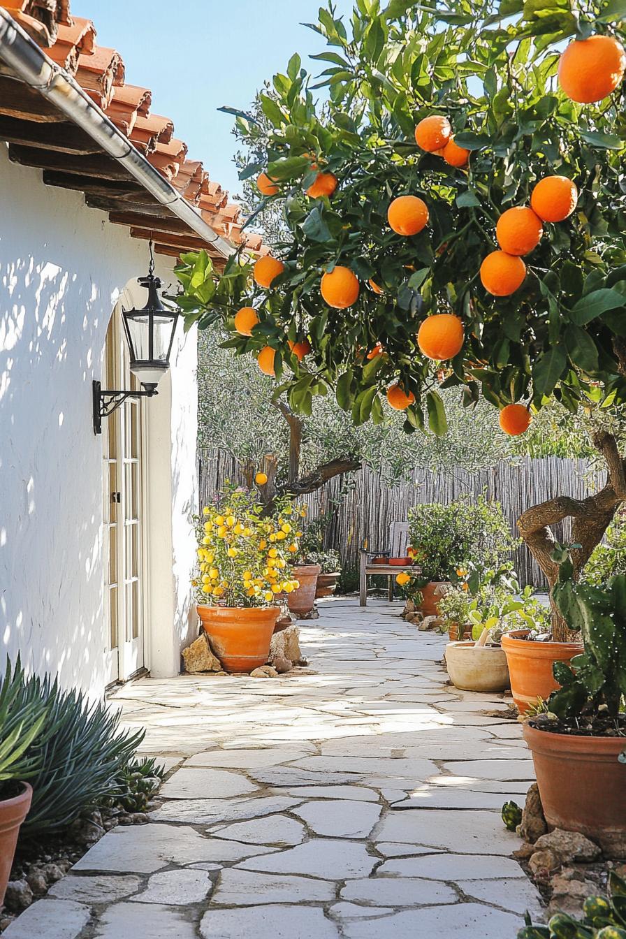 Sunny courtyard with citrus trees and potted plants