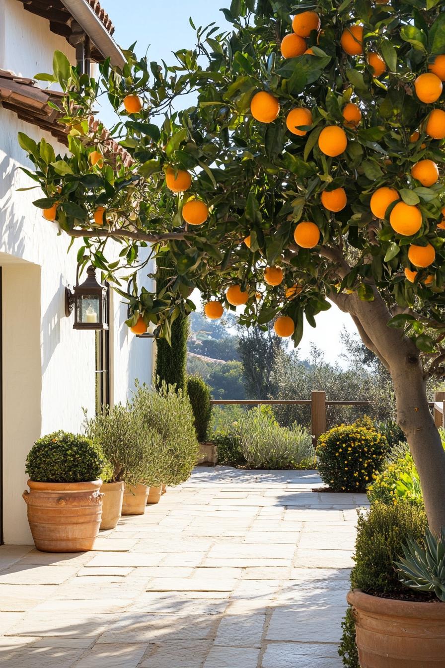 Orange tree overhanging a tiled patio with potted plants