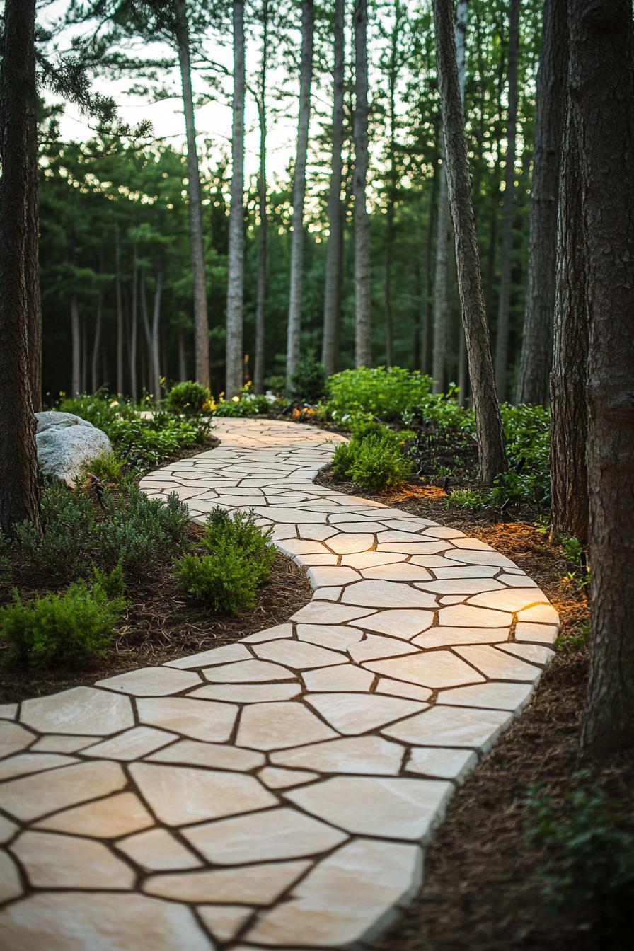 Curvy stone path through a forest