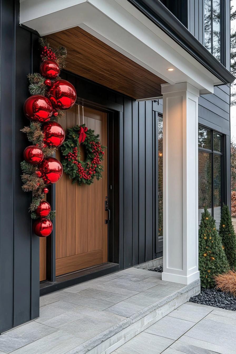 Close-up of a modern home's entry with Christmas decorations including large red baubles and a wreath