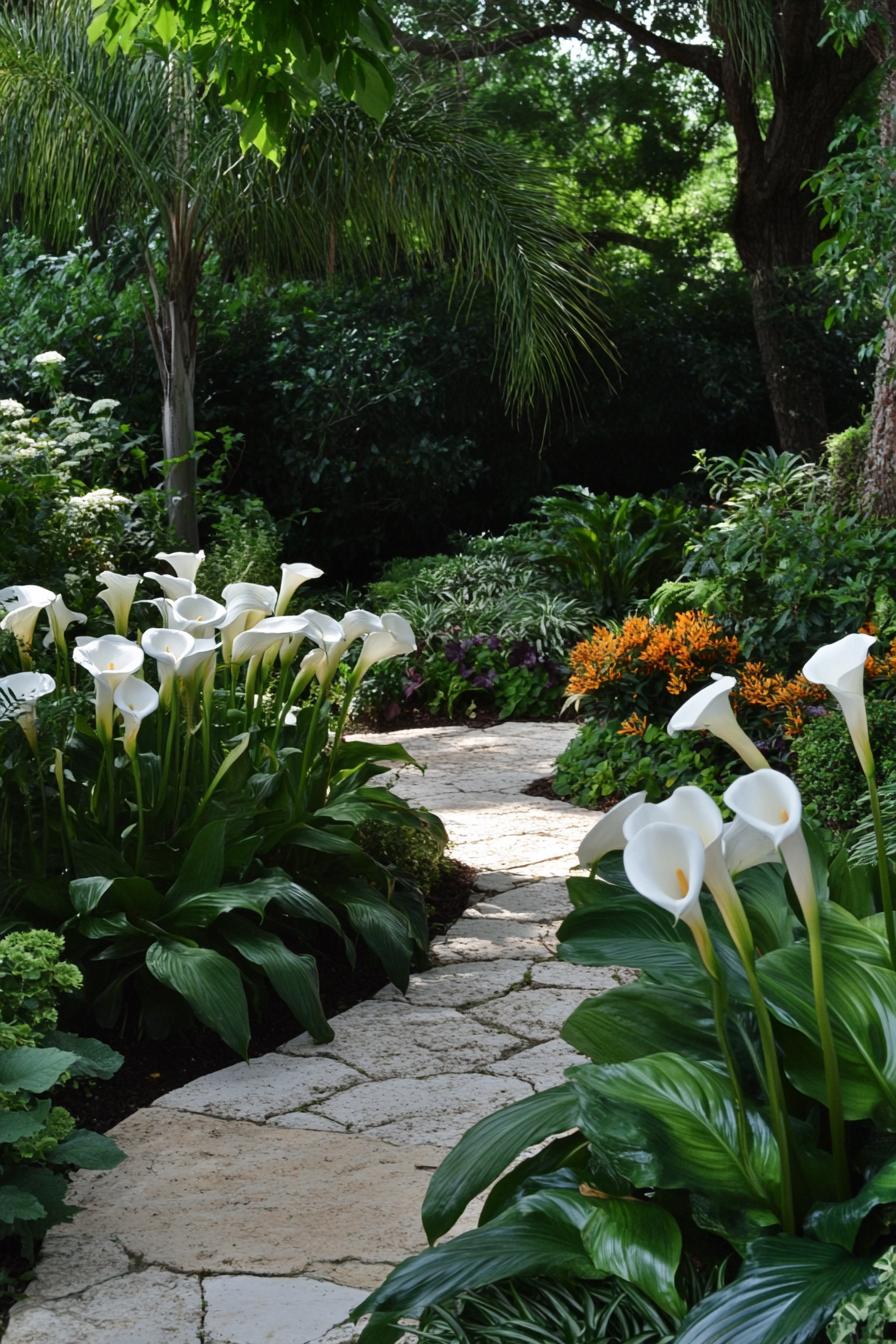 Pathway with calla lilies and tropical plants