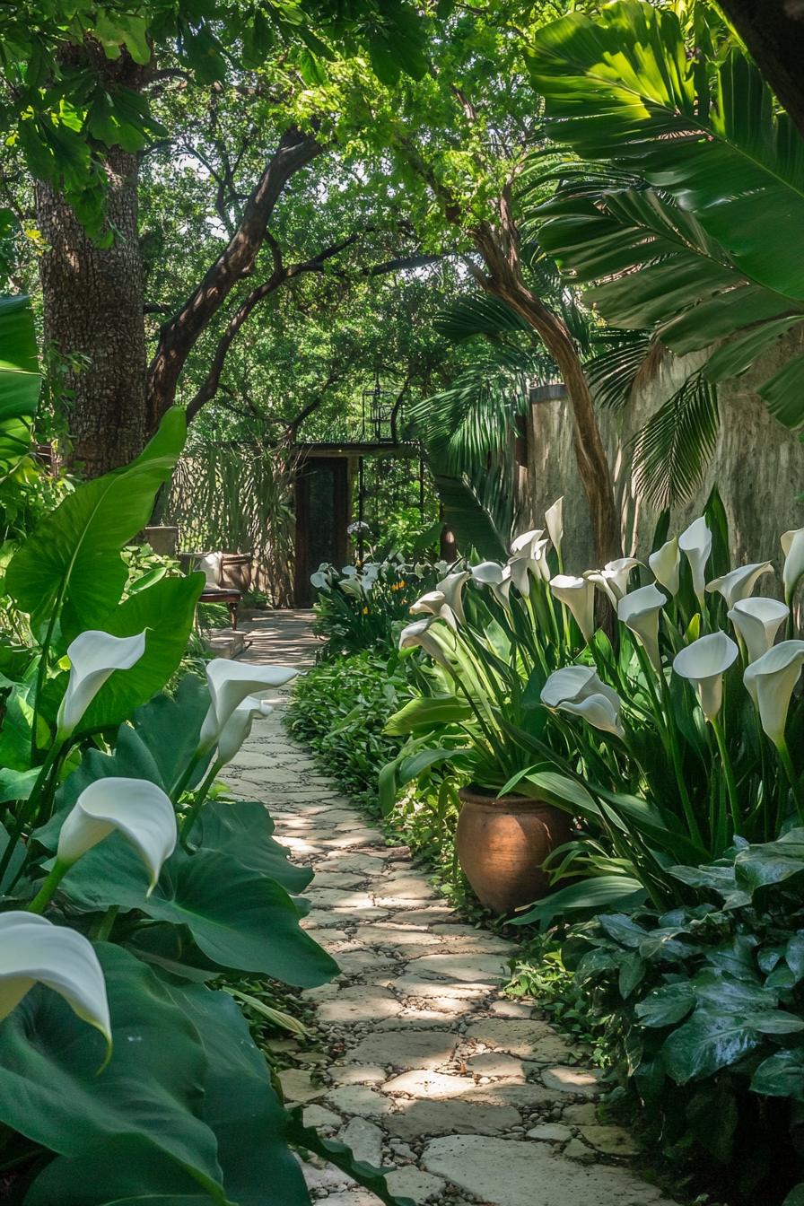 Stone path meanders through tropical garden with calla lilies