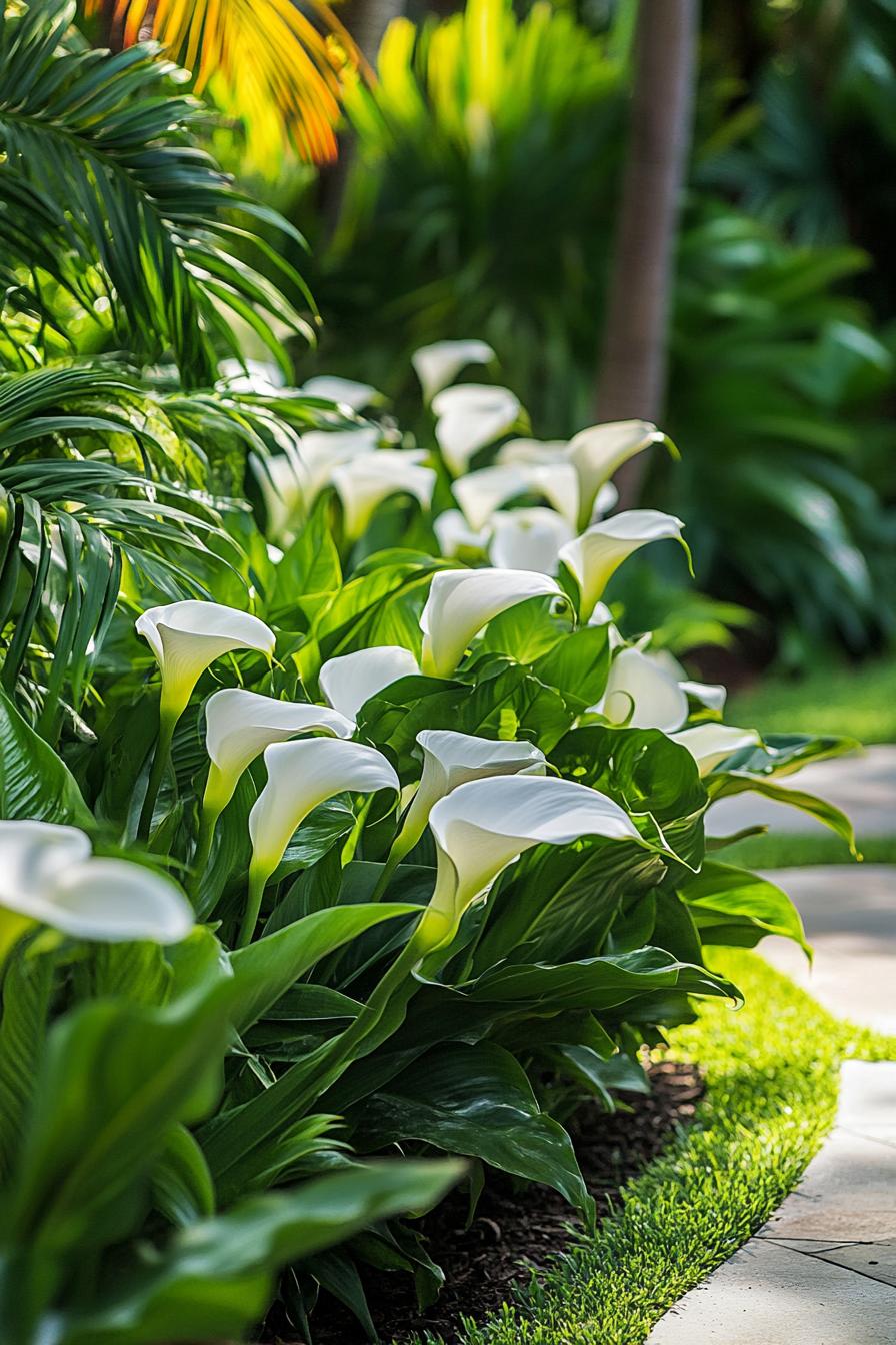 White calla lilies lining a vibrant garden walkway