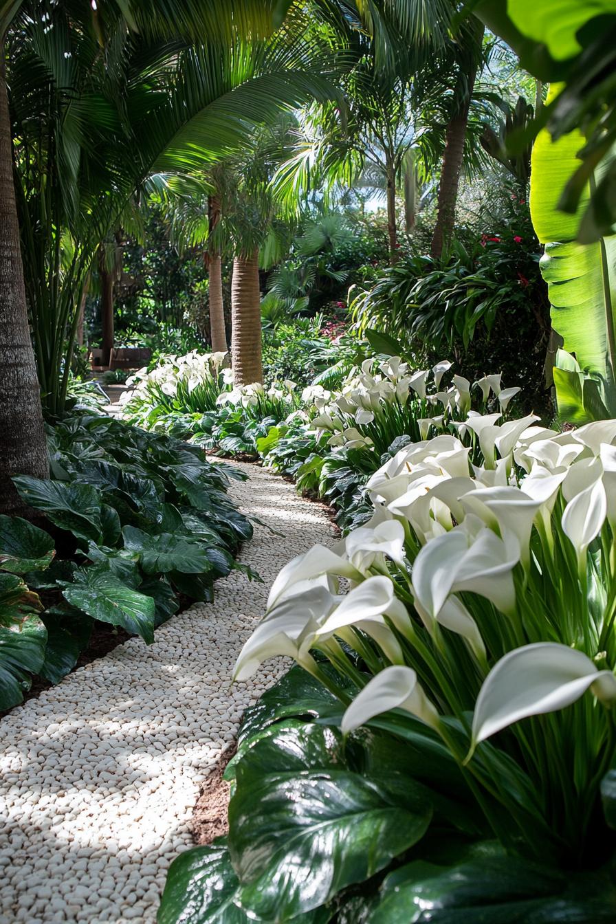 White calla lilies line a winding stone path through a lush tropical garden