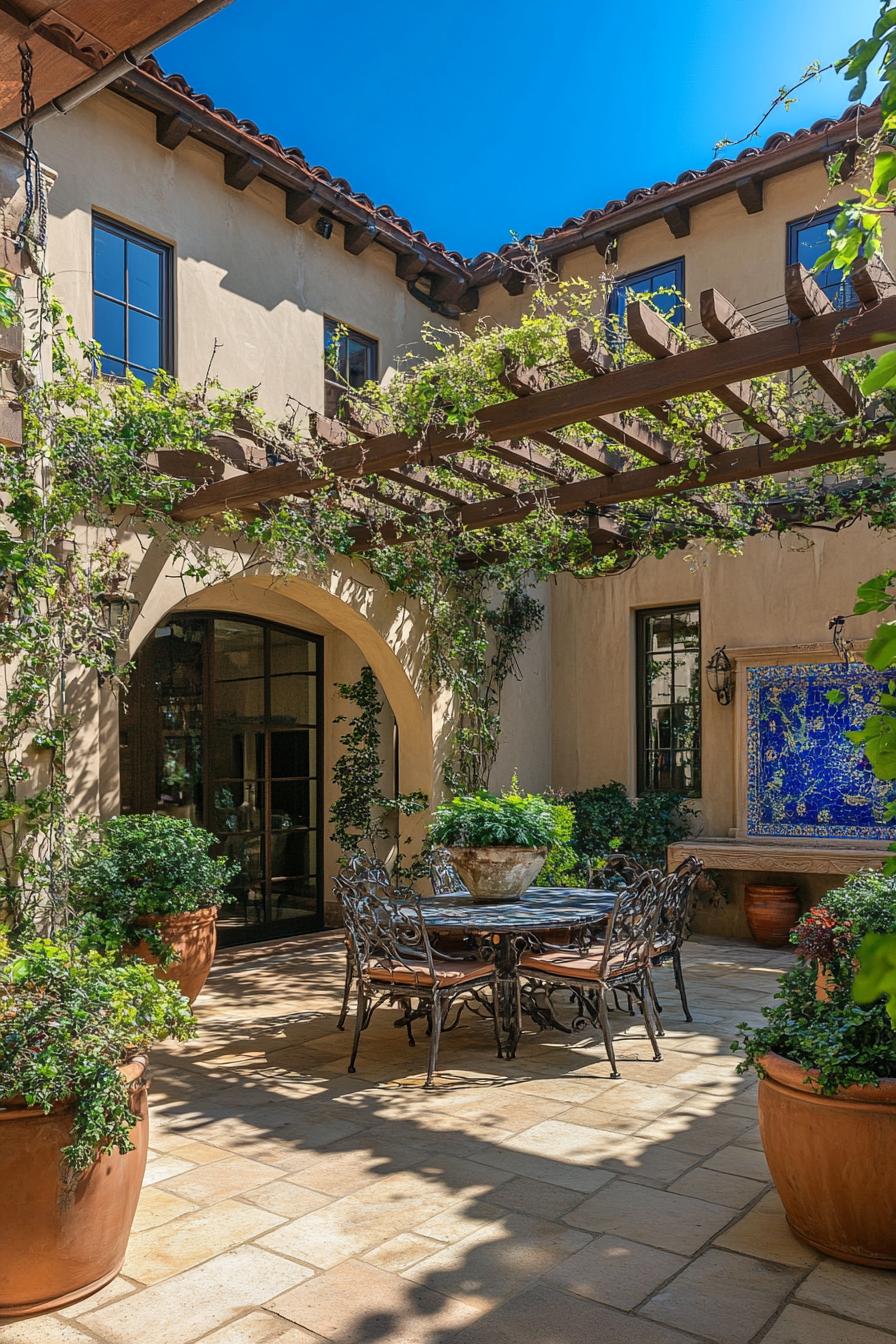 Courtyard with a pergola and potted plants