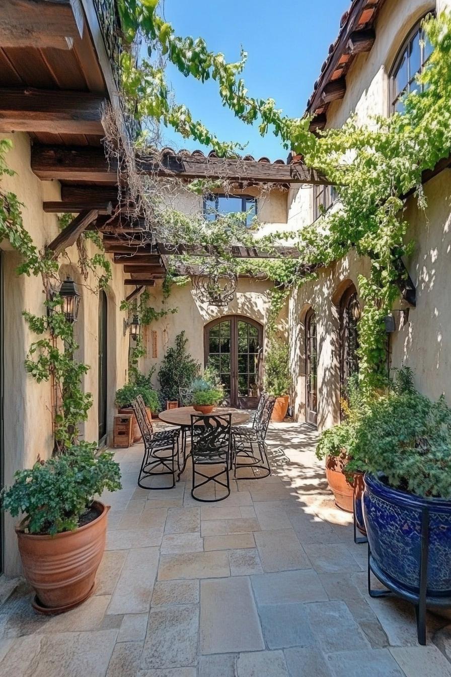 Vine-Draped Courtyard with Rustic Seating