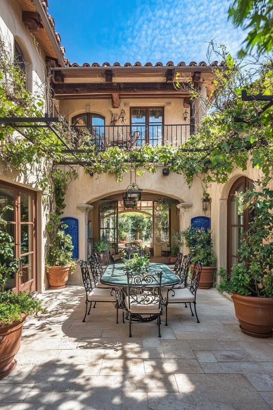 Charming courtyard with lush greenery and elegant dining setup