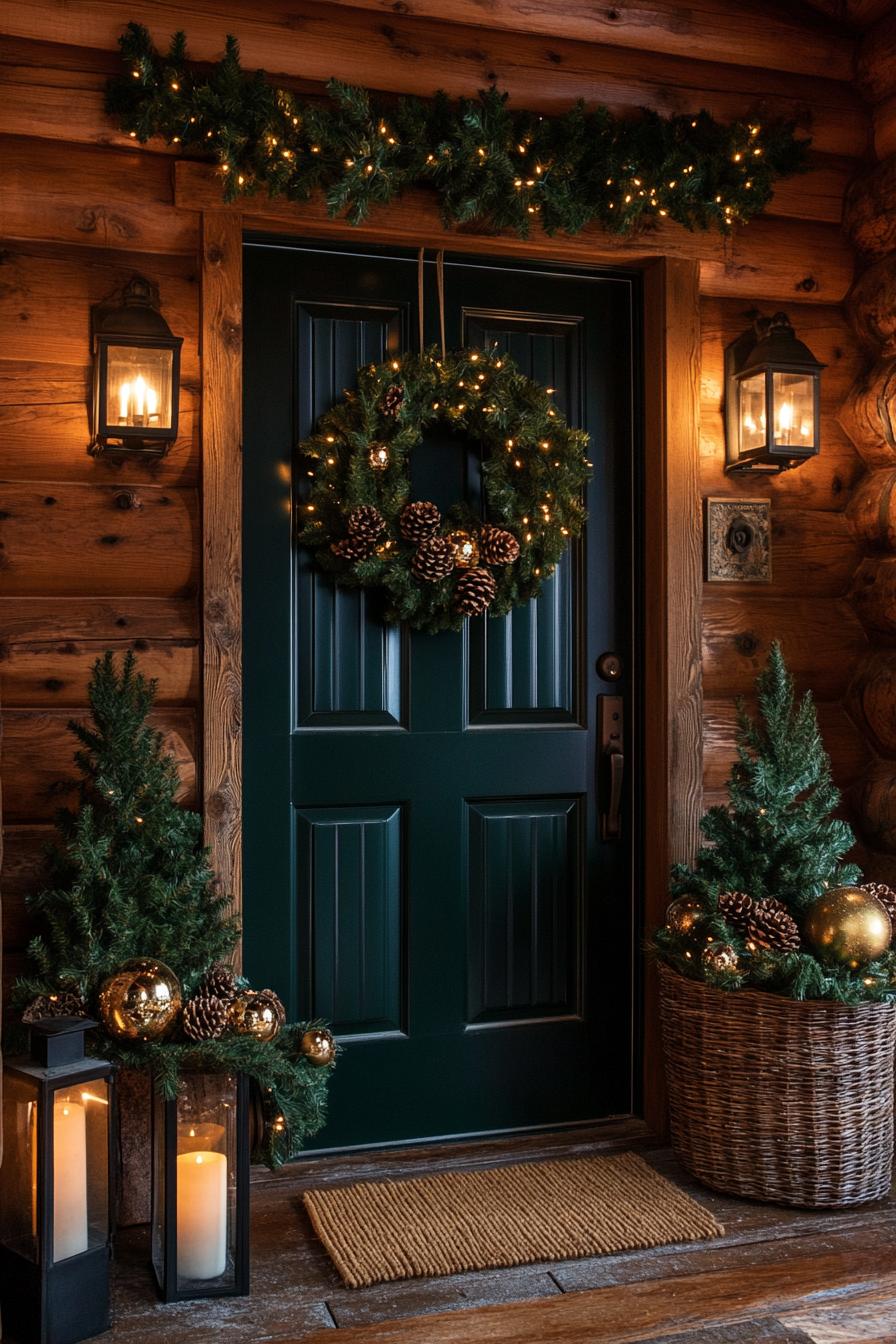 Wreath and greenery at a cabin door