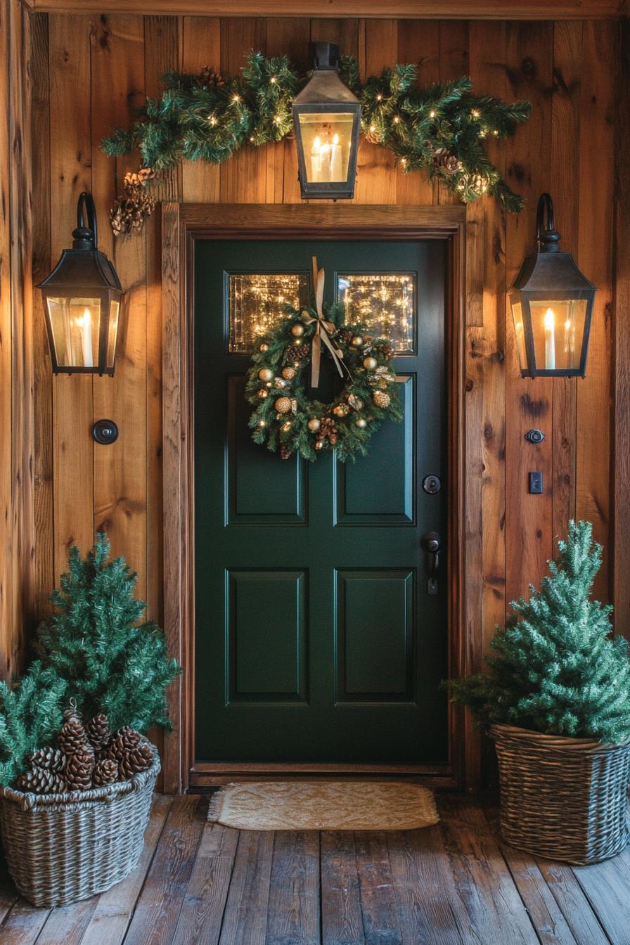 Cozy wooden entrance with festive wreath and lanterns