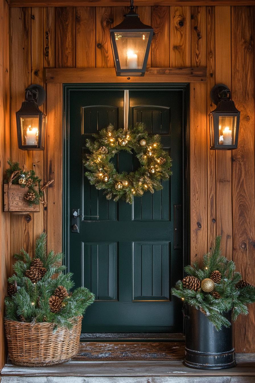 Festive wreath with warm lights on a wooden door flanked by lanterns