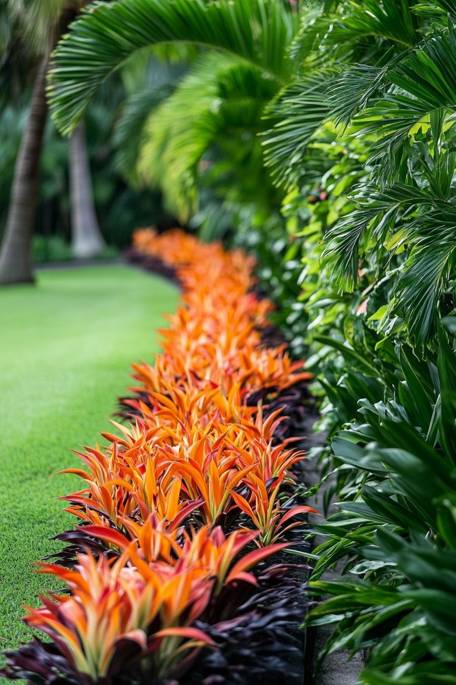 Vibrant path with orange tropical plants and lush greenery