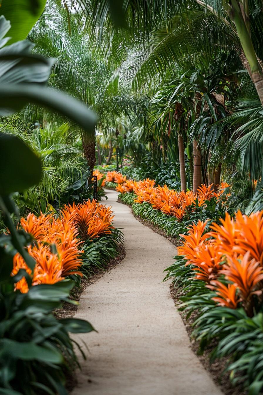 A winding path with bright orange flowers and lush green foliage