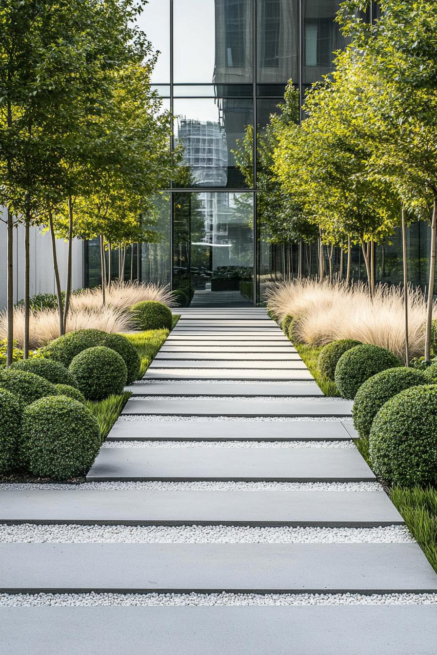 Elegant pathway with neatly trimmed shrubs and trees