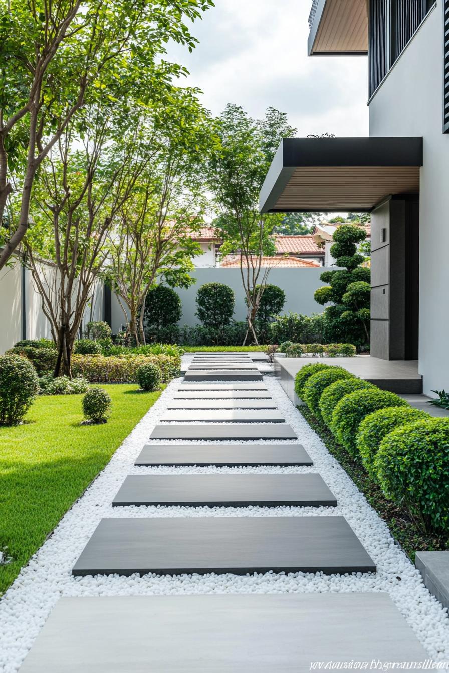 Modern walkway with stepping stones and lush greenery