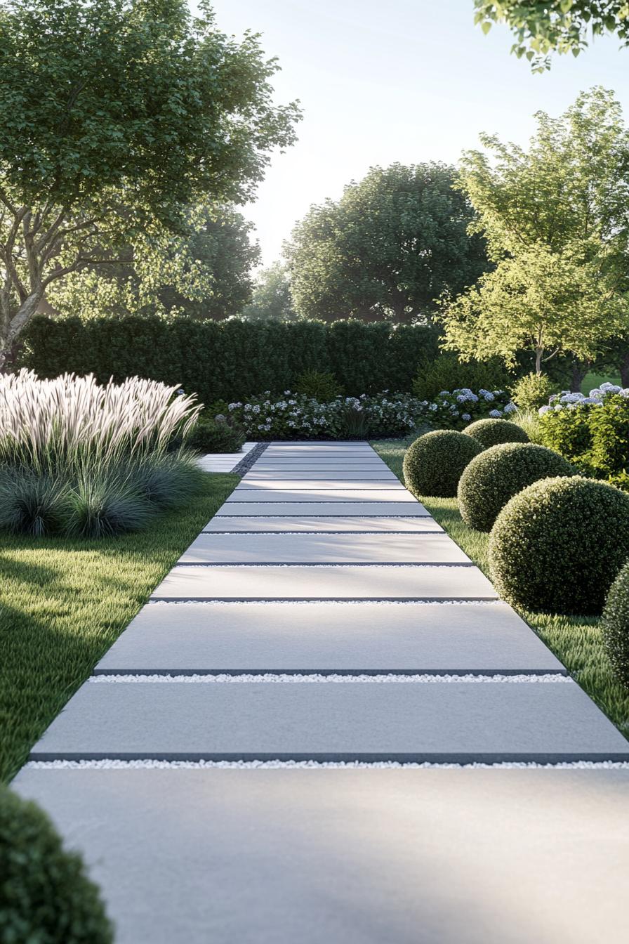 Modern garden walkway surrounded by lush trees and sculpted bushes