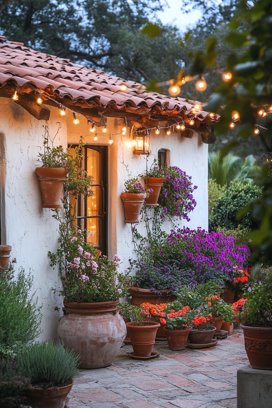 Potted flowers and terracotta roof with string lights