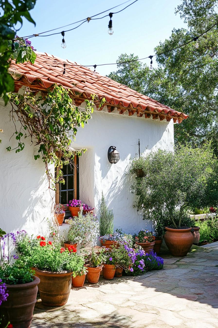 Rustic terrace adorned with vibrant potted plants under a string of lights