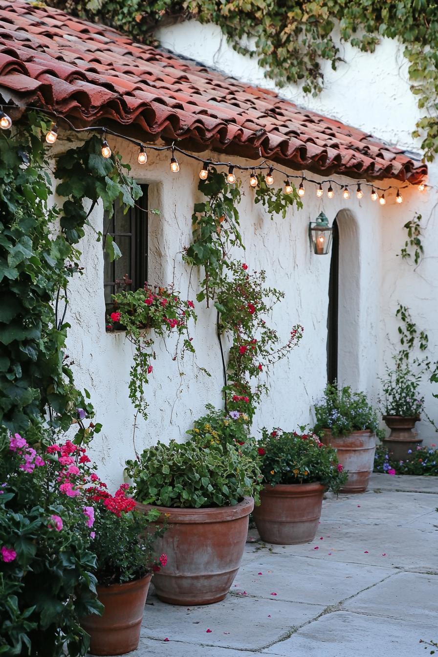 Terracotta pots with flowers against a white stucco wall