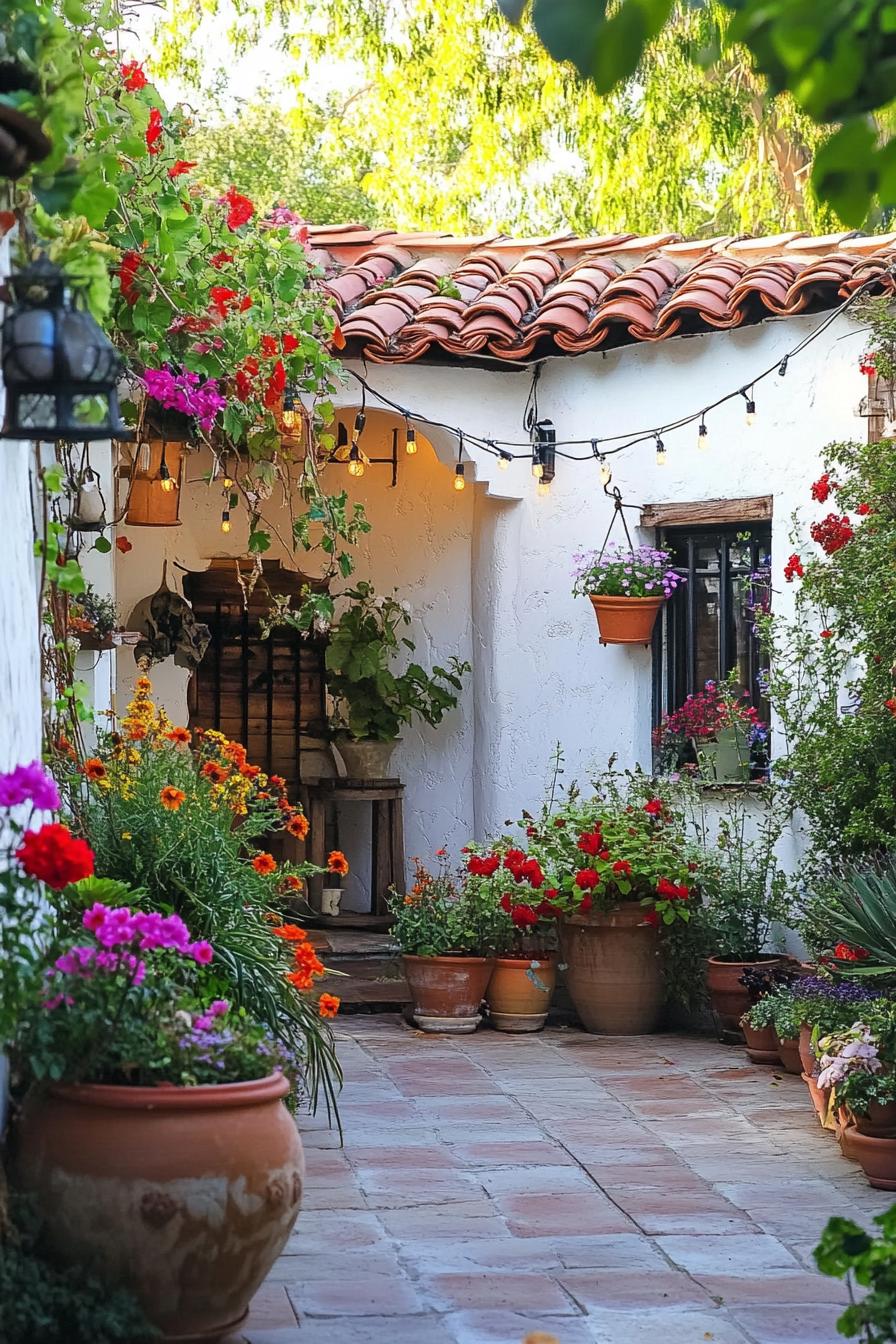 A cozy Mediterranean garden corner framed by white stucco walls and a red tile roof adorned with creeping vines and string lights for added warmth