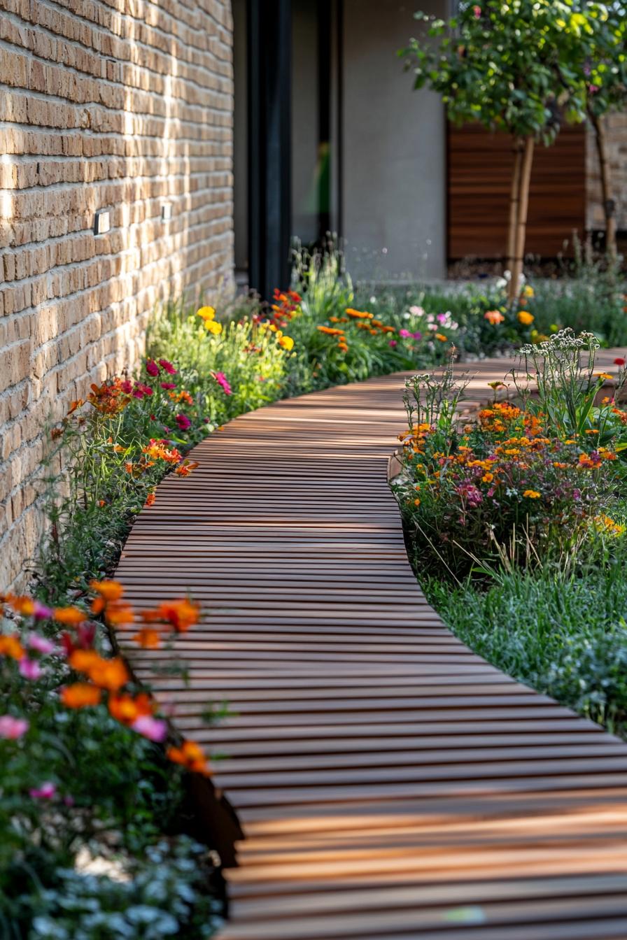 Wooden path meandering through vibrant garden blooms