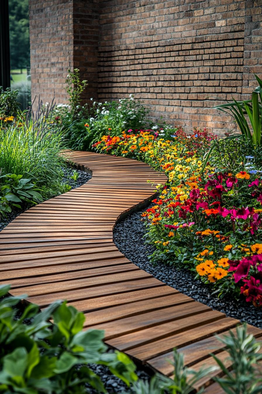 Curvy wooden path in a colorful flower garden beside a brick wall